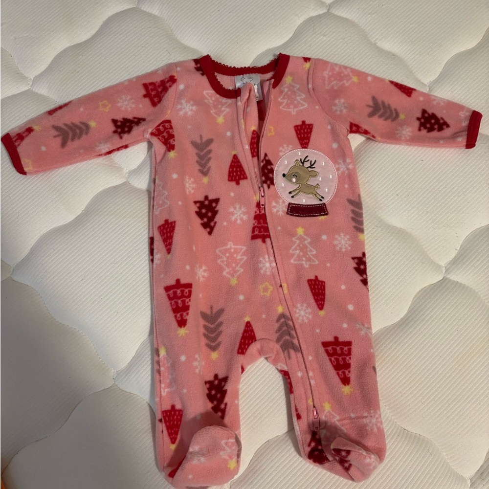 Koala Kids Pink Holiday Fleece Footed One-Piece with Reindeer Patch